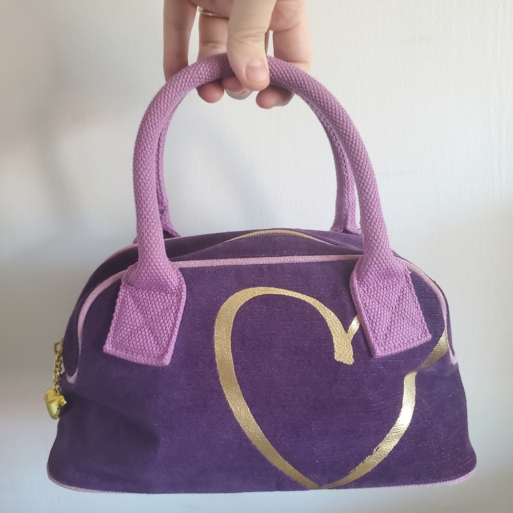 VTG Y2k Victoria's Secret Love Spell Purple Bowler Purse Gold Heart Front & Zip